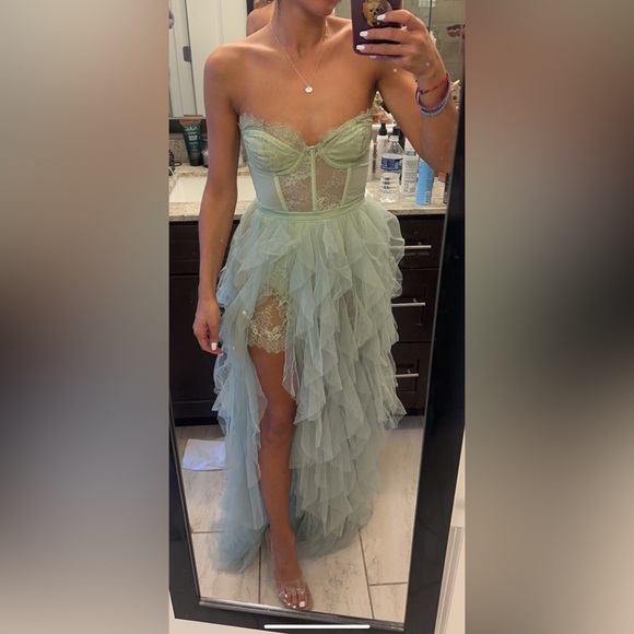 primavera green dress Open-Back Floral Sequin Sheer Corset Long Prom Dress Sage Green / 4